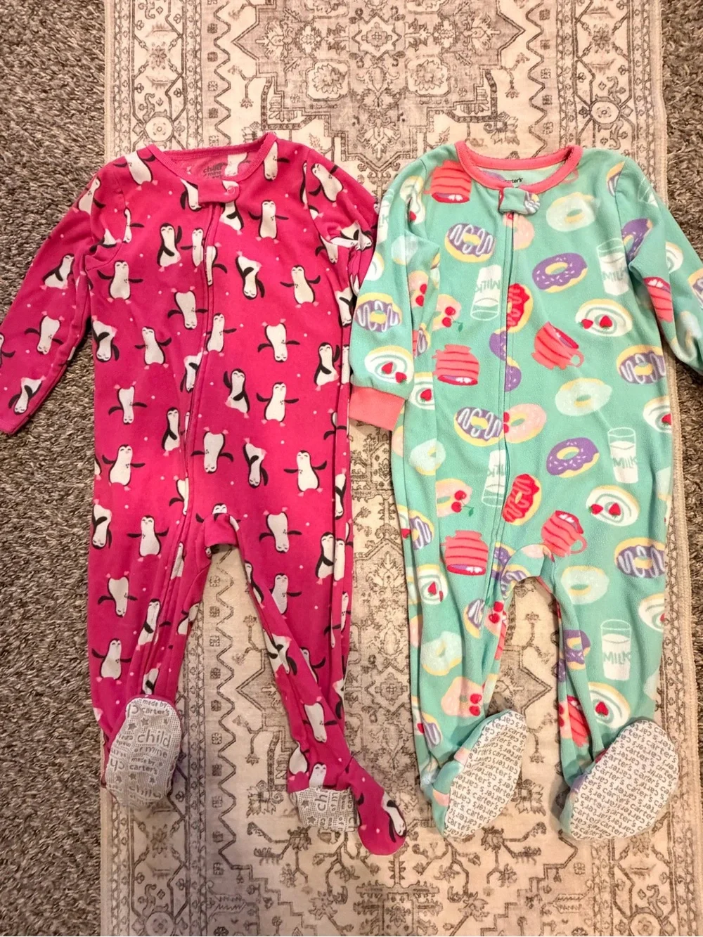 Carter's Pink Penguin Footed One-Piece & Mint Snack Print Pajamas - Two Pack